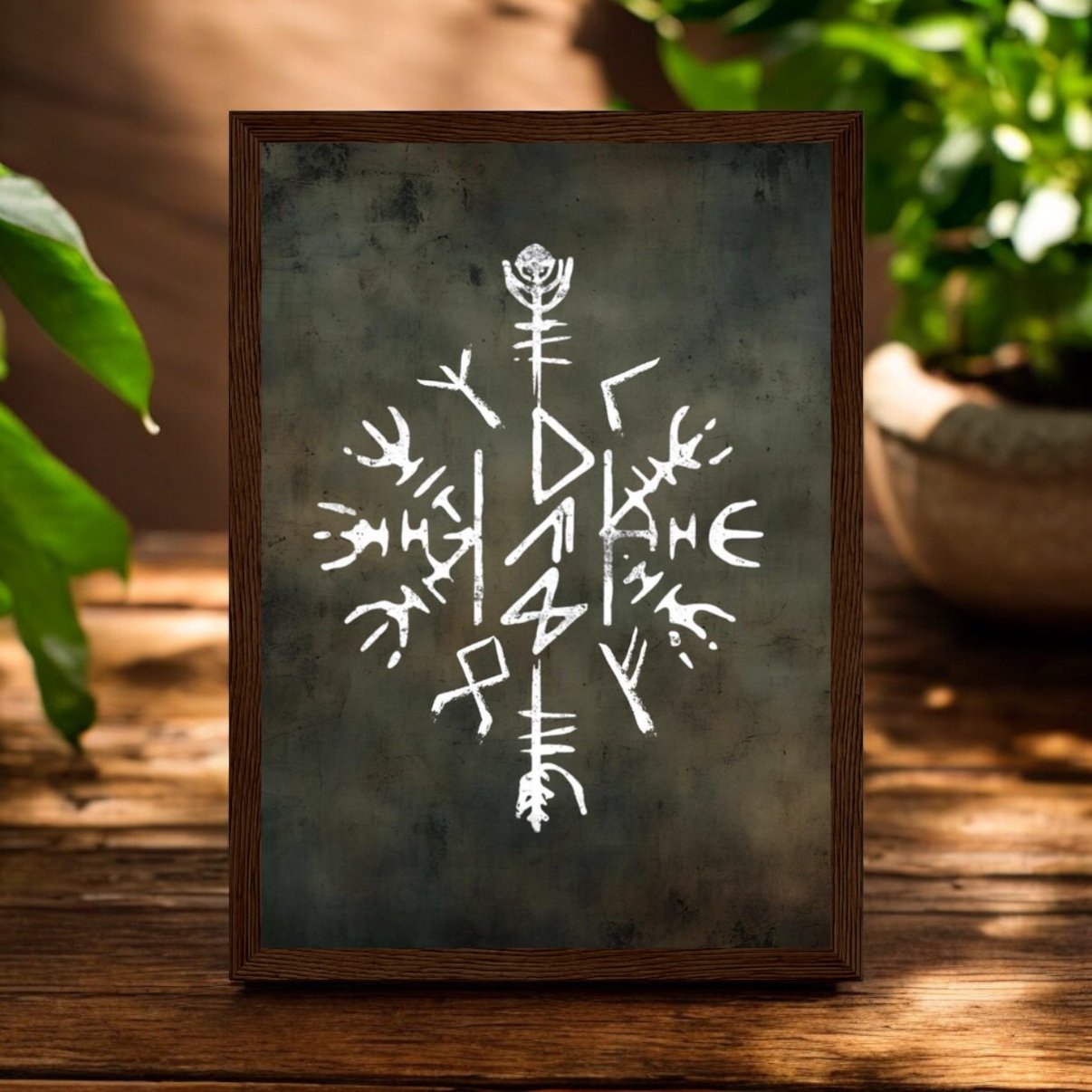 The Viking Stave For Dad Wooden Framed Print features a white, detailed Viking stave design on a dark textured background, framed in wood and displayed on a wooden surface with green plants beside it.
