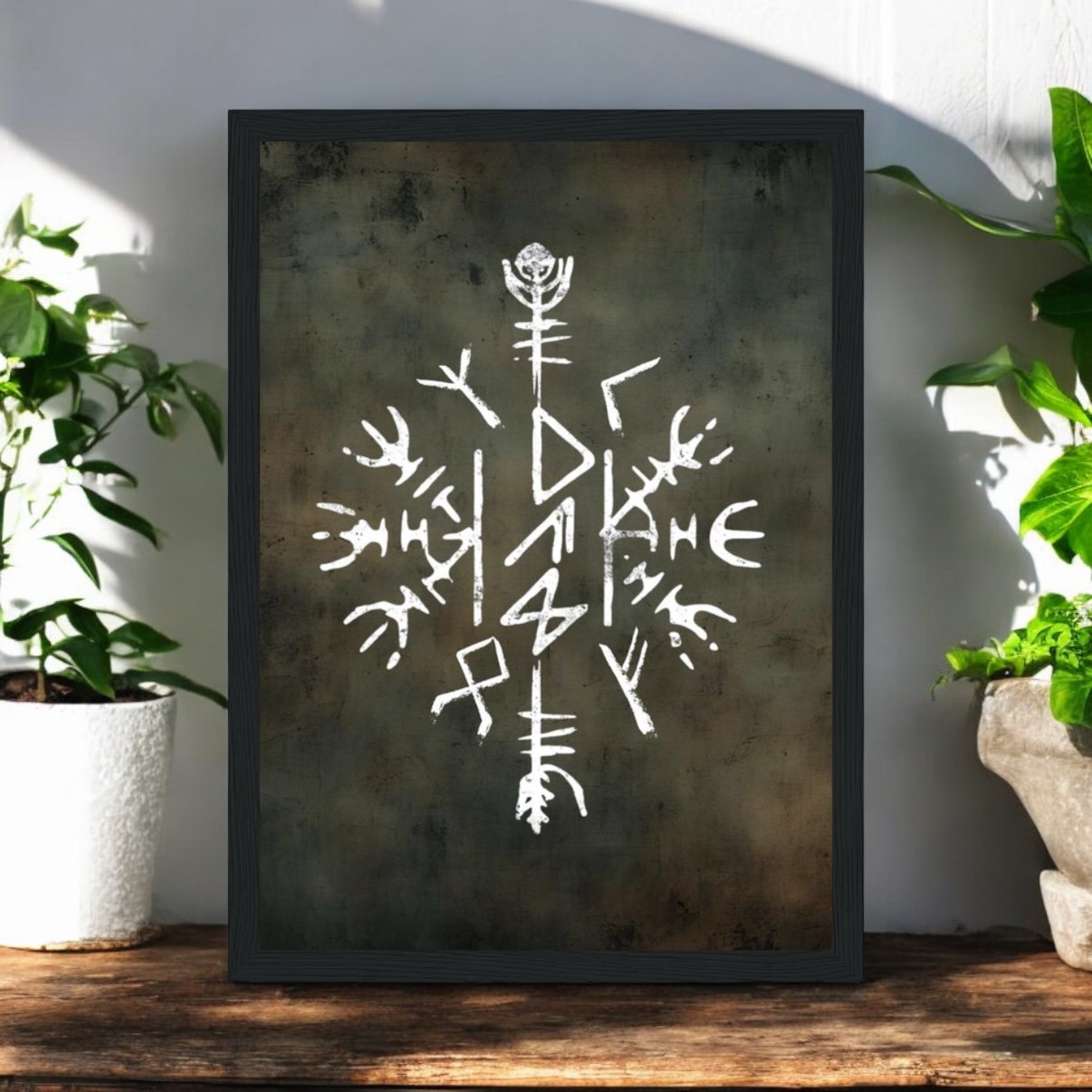 The Viking Stave For Dad Wooden Framed Print features a white rune symbol on a dark background, set in wood—perfect for Nordic decor lovers and an ideal gift for Dad.