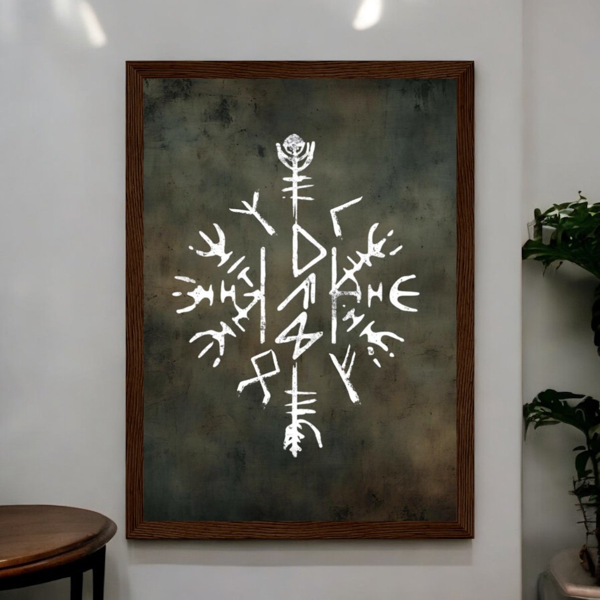 The Viking Stave For Dad Wooden Framed Print showcases a white, intricate stave with runic-like markings on a dark background—an eye-catching wall art and unique gift idea for dads.