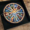 1000-Piece Zodiac Round Jigsaw Puzzle – Astrology Sun & Moon Design The 500-Piece Zodiac Round Jigsaw Puzzle – Astrology Sun & Moon Design features vibrant zodiac illustrations around a sun and moon center, with golden rays. The completed round puzzle is framed in black and set on a wooden surface.