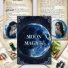 Moon Magic Planner A book titled Moon Magick with an ornate full-moon cover is surrounded by illustrated pages featuring women with mystical appearances, moon-themed artwork, and magical objects like candles and scrolls.