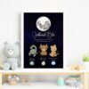 A framed print with a full moon and starry night sky, featuring cute cartoon animals representing zodiac signs: a scorpion (Scorpio), a bull (Taurus), and a bear (Libra). Baby items are arranged on the shelf below.