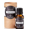 A brown glass bottle labeled Kunzea Essential Oil – 100% Pure Australian Oil stands beside a matching cylindrical cardboard container with similar branding, both displayed on a white background.