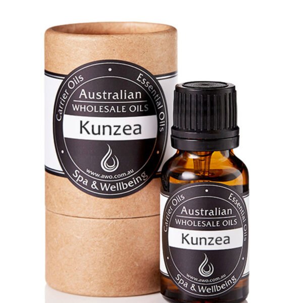 A brown glass bottle labeled Kunzea Essential Oil – 100% Pure Australian Oil stands beside a matching cylindrical cardboard container with similar branding, both displayed on a white background.