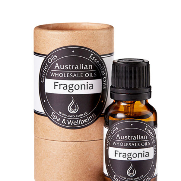 A brown glass bottle of Fragonia Essential Oil – 100% Pure Australian Agonis Fragrans sits beside its matching cardboard tube packaging, both displayed against a white background.