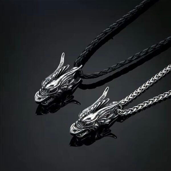 Men's 4Pcs/ Set Leather Bracelets Stainless Steel Dragon Head Necklace – Silver Rope Chain or Leather Cord