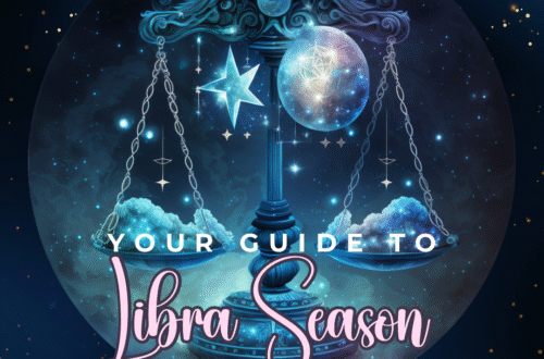 A celestial-themed scale with clouds, stars, and planets balanced on its pans; text overlaid reads Your Libra Season Guide 2025 in elegant fonts against a starry night sky background.