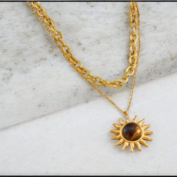 Tiger’s Eye Sun Necklace – Gold Plated Stainless Steel Double Chain Layered Necklace, Protective Solar Pendant