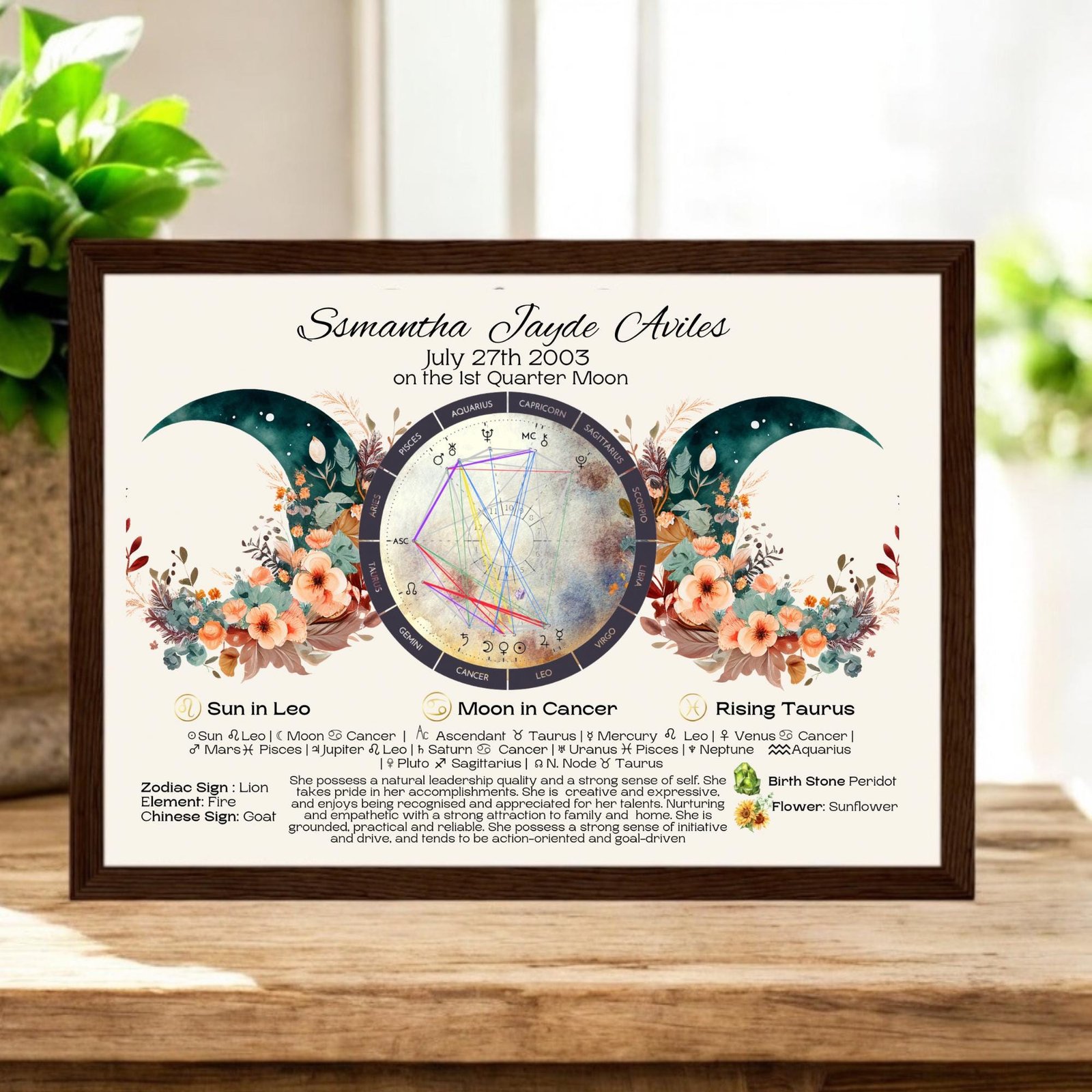 A framed personalized birth chart featuring a central astrology wheel, floral and crescent moon decorations, and detailed astrological information including zodiac sign, moon sign, rising sign, and birth details for Samantha Jayde Aviles.