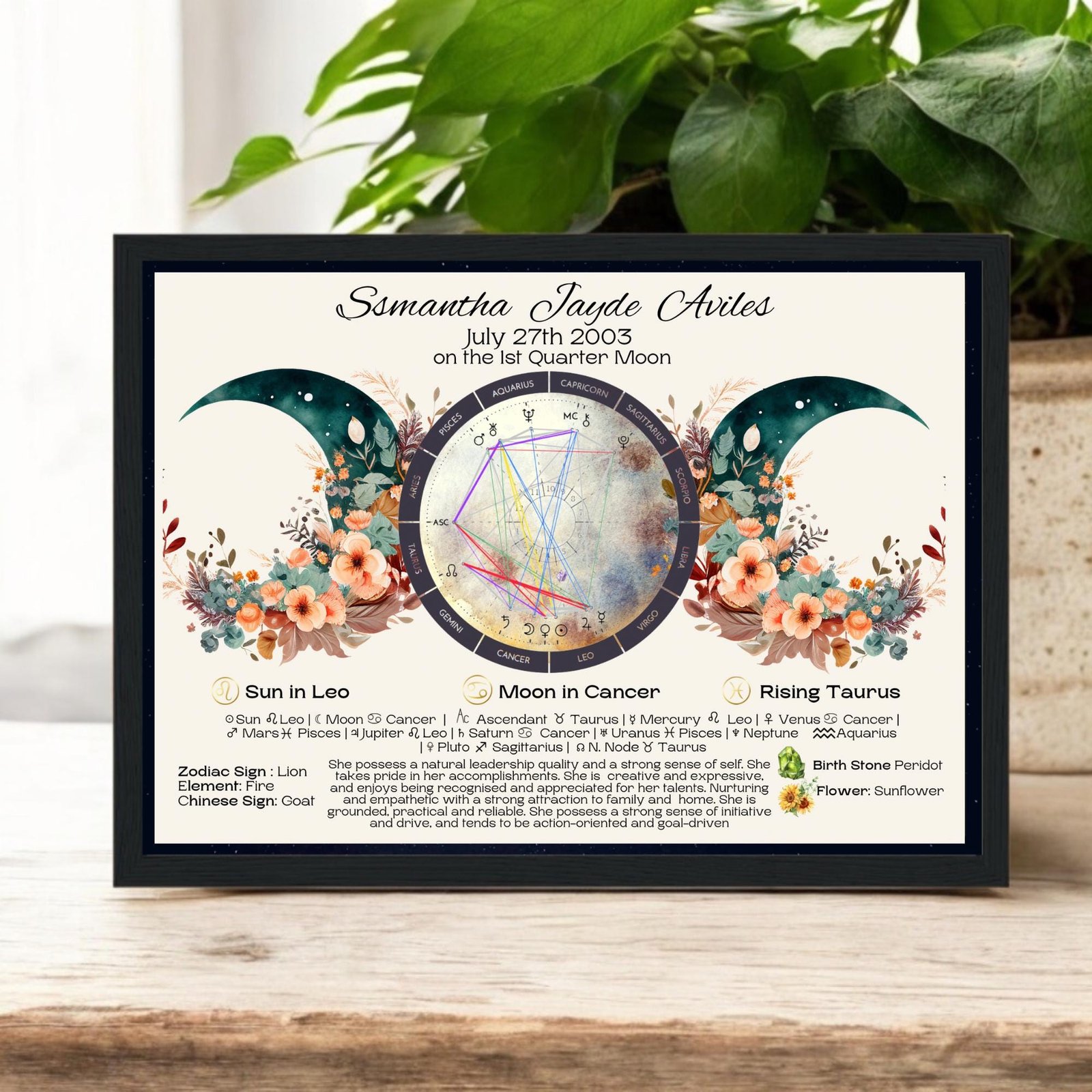 A framed personalized astrology birth chart print with lunar phases, floral designs, and astrological information for Samantha Jayde Aviles; displayed on a wooden surface with a green plant in the background.
