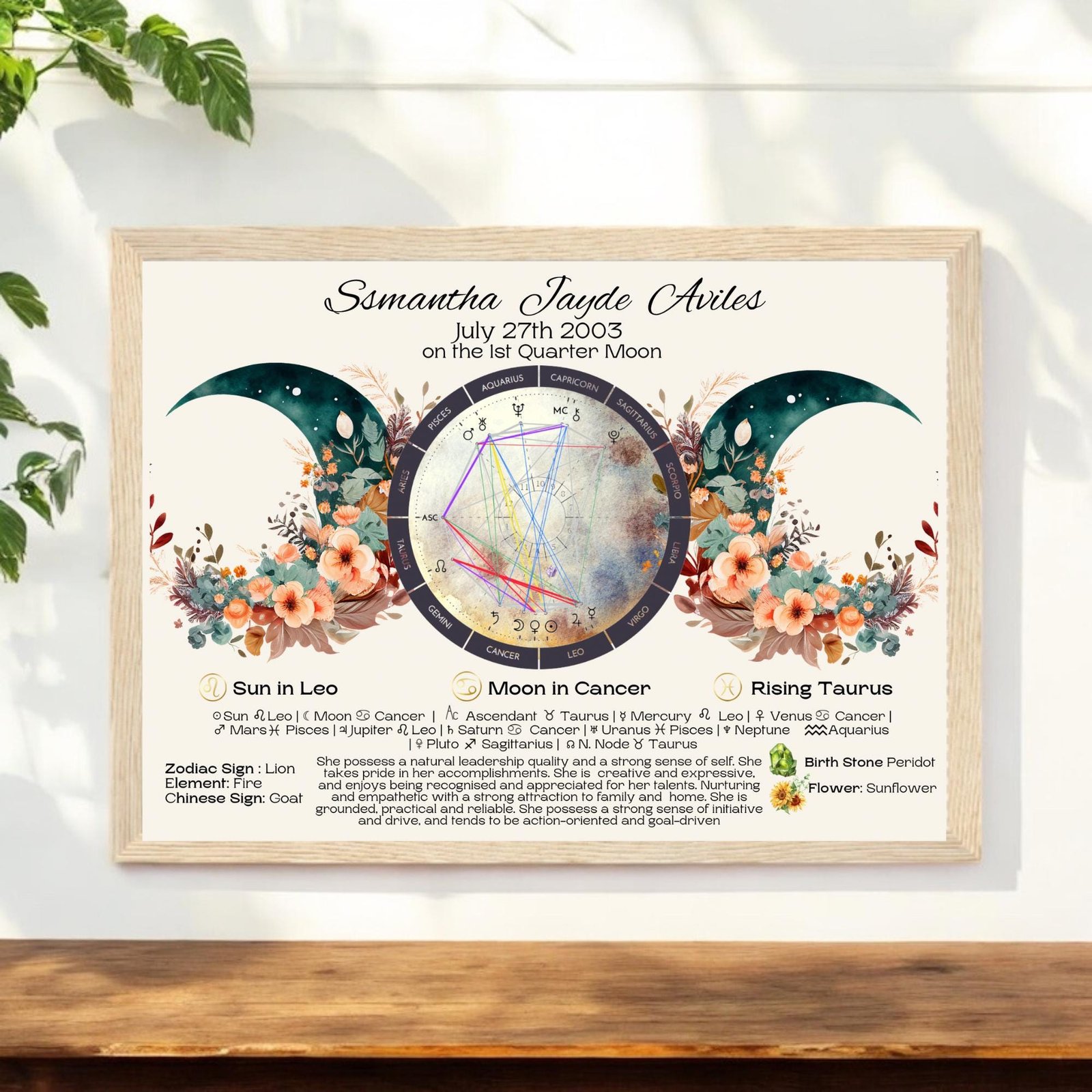 A personalized birth chart print with celestial artwork showing moon phases and flowers, astrological symbols, and detailed horoscope information for Samantha Jayde Aviles, born July 27, 2003, with sun in Leo, moon in Cancer, and rising Taurus.