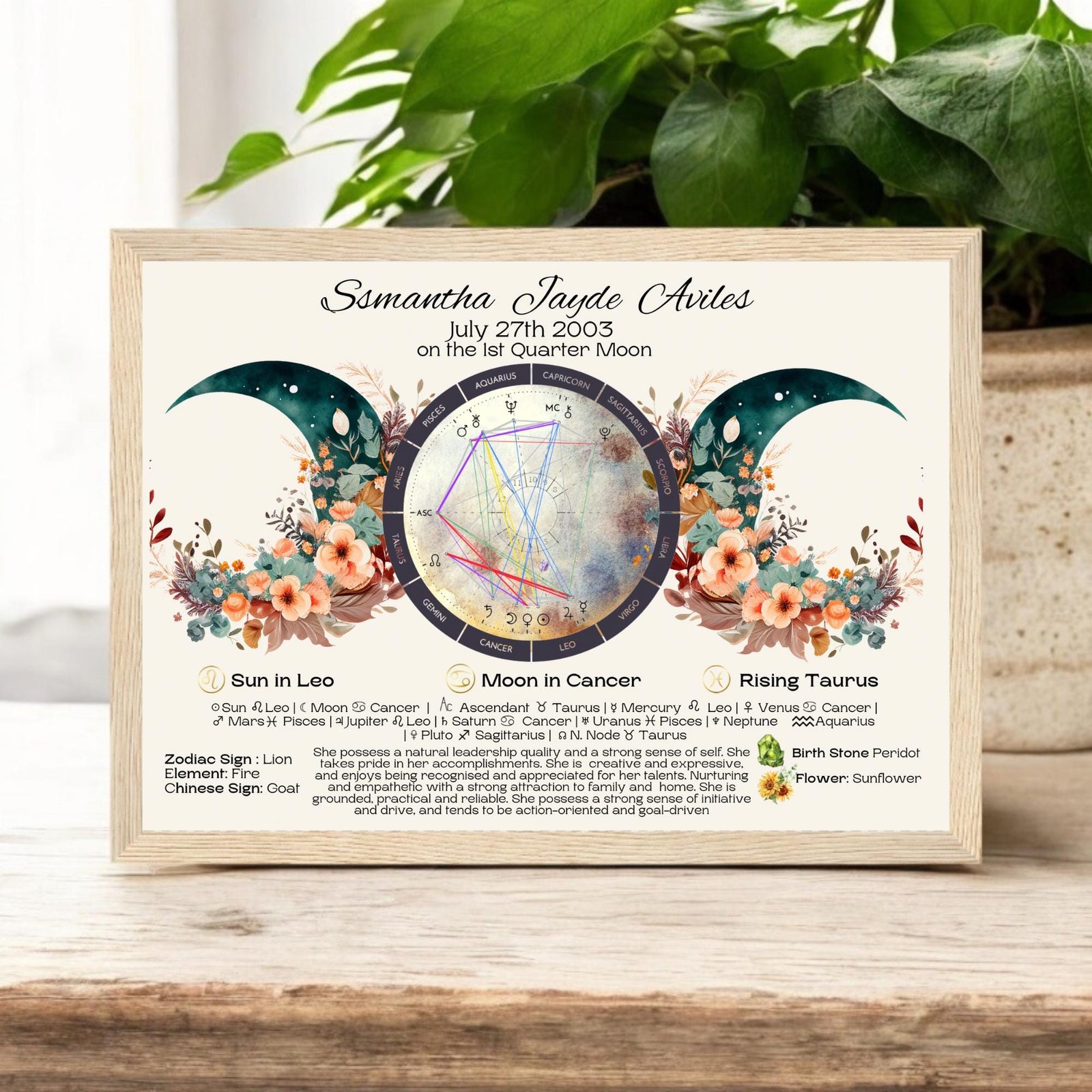 A personalized astrological birth chart print in a wooden frame, featuring a moon-themed design with floral accents, astrological symbols, and a central natal chart, displayed on a wooden surface with green plants in the background.