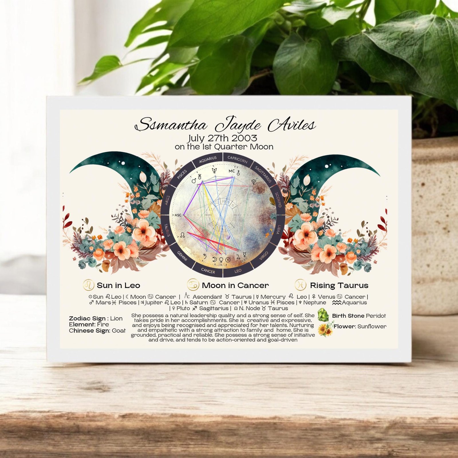 Astrology birth chart print featuring crescent moons, floral decorations, and a natal chart wheel, personalized for Samantha Jayde Aviles, with zodiac signs, elements, and birth details, displayed on a wooden table with plants.