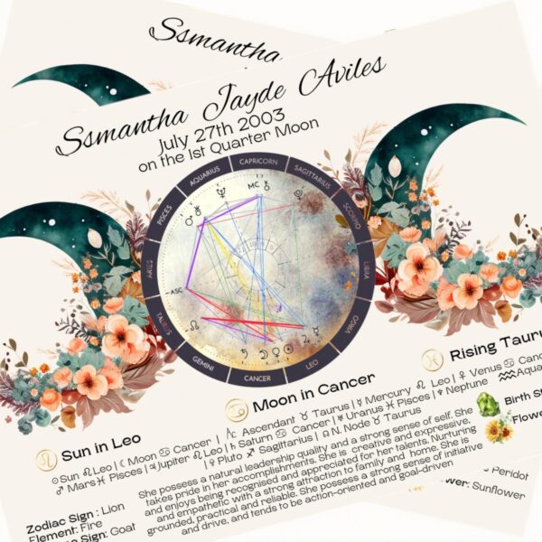 A personalized birth chart for Samantha Jayde Aviles with floral and crescent moon illustrations. It includes astrological details for July 27, 2003, sun in Leo, moon in Cancer, and rising Taurus.