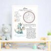 A framed personalized astrology birth chart for a child named Lena sits on a shelf. The chart features a cute blue dragon illustration, astrological symbols, and detailed text, with toys and decor items arranged nearby.