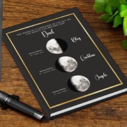 A personalized notebook with moon phases, names (Dad, Riley, Lachlan, Jayde), and dates on the cover, placed on a wooden desk next to a pen and a green plant.