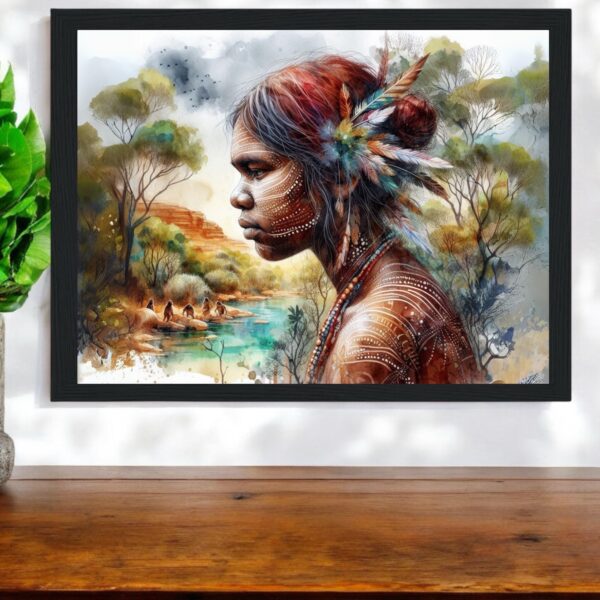 Aboriginal Watercolour Print | Indigenous Woman by Waterhole | Australian Dreamtime Wall Art | Framed Matte Poster Or Print