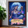 A framed poster of a woman with long hair, wearing a floral crown and white dress, holding jeweled scales, with a full moon behind her. Text reads: Love Harmoniously ~ Shine Beautifully ~ Create Balance Libra Moon.
