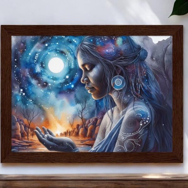 Aboriginal Watercolour Print | Dreamtime  Wall Art | Cosmic Moon & Fire Water Colour | Premium Matte Poster in Wooden Frame