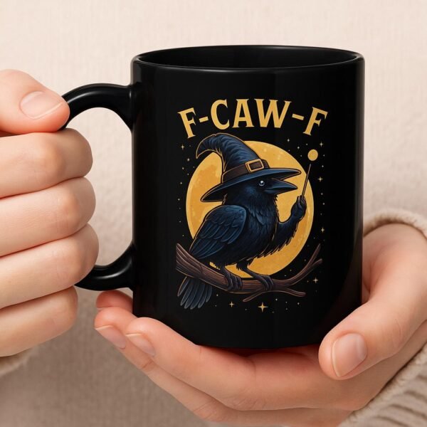 Engraved Photo Whiskey Glass F-CAW-F Black Ceramic Coffee Mug | Funny Raven Witch Halloween Coffee Cup | Gothic Crow Mug Gift for Coffee Lovers