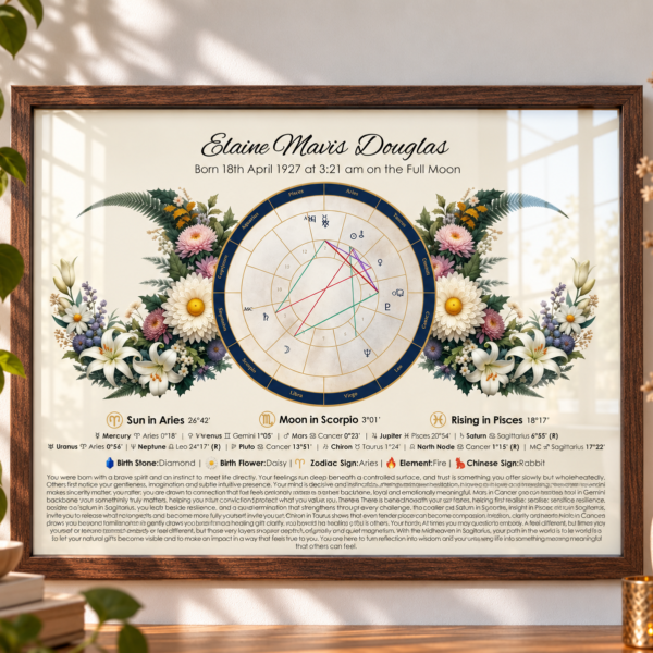 Home Custom triple moon birth chart featuring lilys and daisyies in a dark wood frame