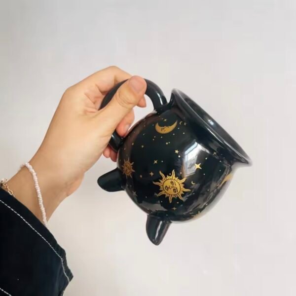 Engraved Photo Whiskey Glass Celestial Cauldron Mug – 350ml Black Coffee Cup with Sun, Moon & Stars | Witchy Cauldron Mug for Tea, Coffee, Hot Chocolate | Mystical Gift