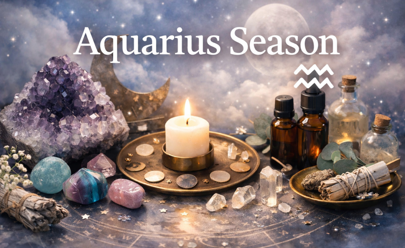 Aquarius season crystals , oils and symbols