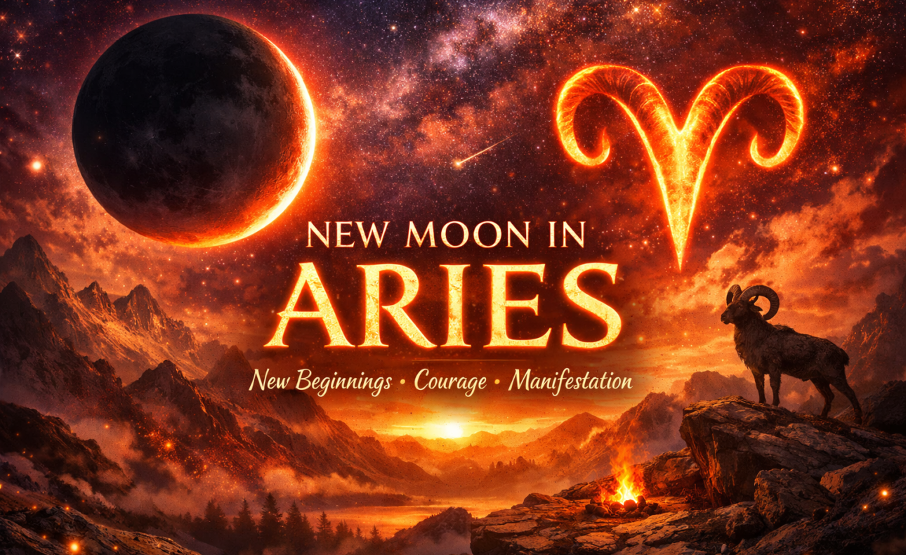 Fire sky with new moon and Aries Ram and symbol