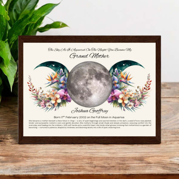 Personalised Mother’s Moon Phase Triple Moon Print Framed certificate with floral design