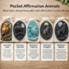 Pocket affirmation spirit animals, owl, raven, turtle, rabbit & wolf on staring bags each with its own affirmation card