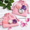 Rose Quartz, Amethyst and Moonstone Tumble stones and hearts on pink drawstring gift bags