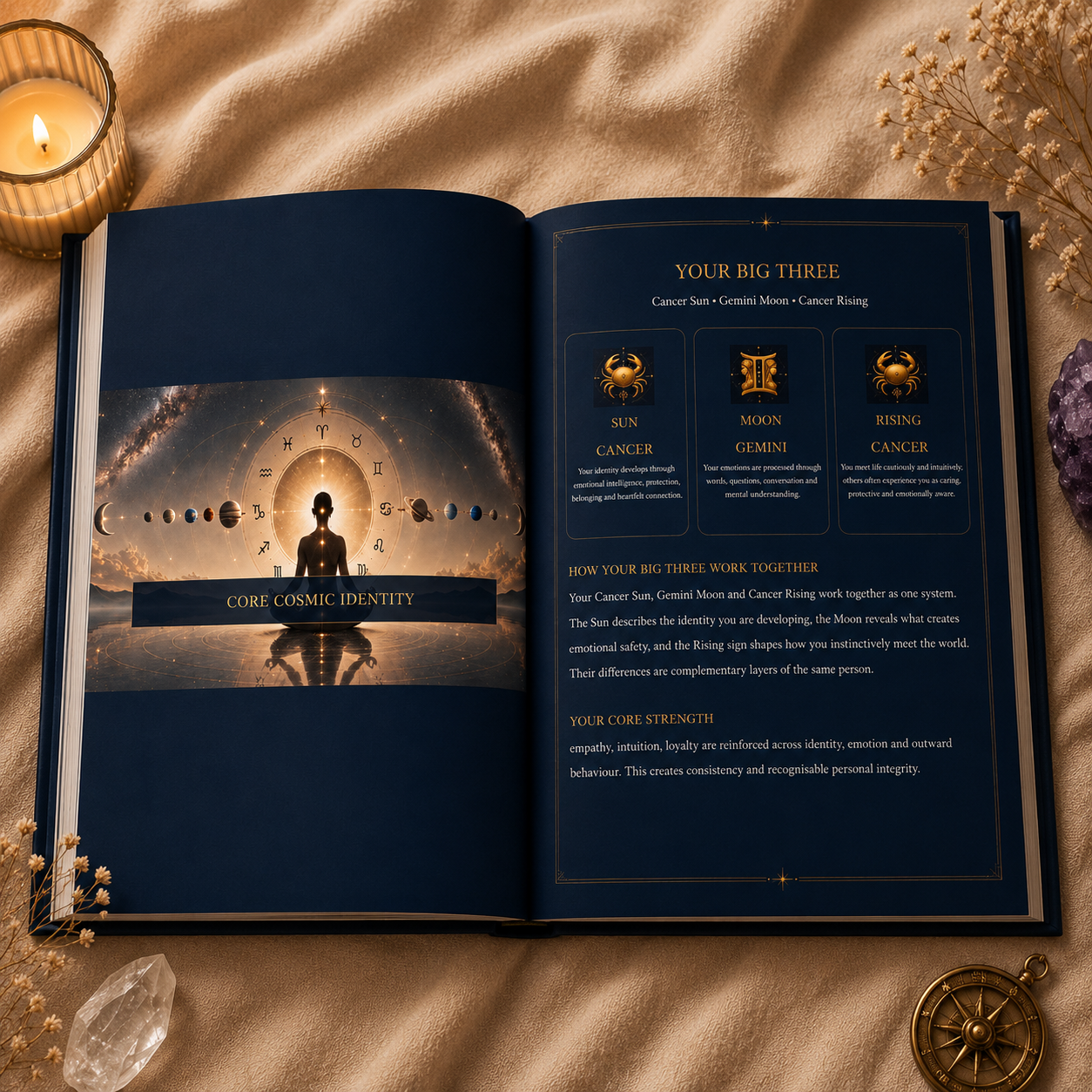 9feea038 57f3 463d 8ec3 989bf6aed457 Astrology book open on cosmic identity
