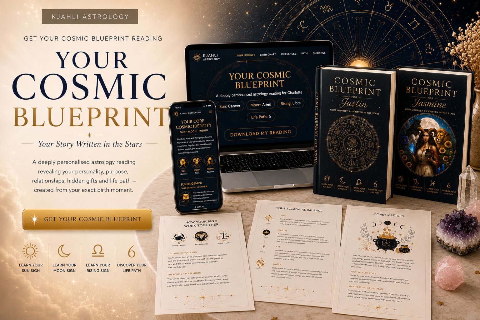 Kjahli premium astrology birth chart reading with online reading, personalised books and printable pages