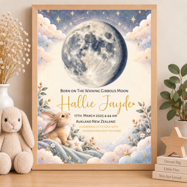 Personalised Baby Moon Phase Print | Bunny Nursery Wall Art Personalised Baby Moon Phase Print