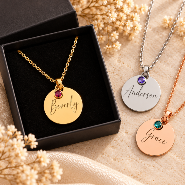 Home Personalised birthstone necklace. Gold, silver or rose gold personalised with name and birthstone