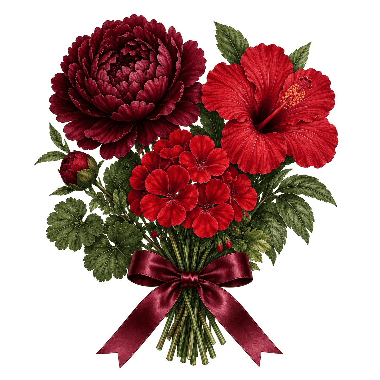 Scorpio birth flower bouquet with peony, hibiscus and geranium blooms