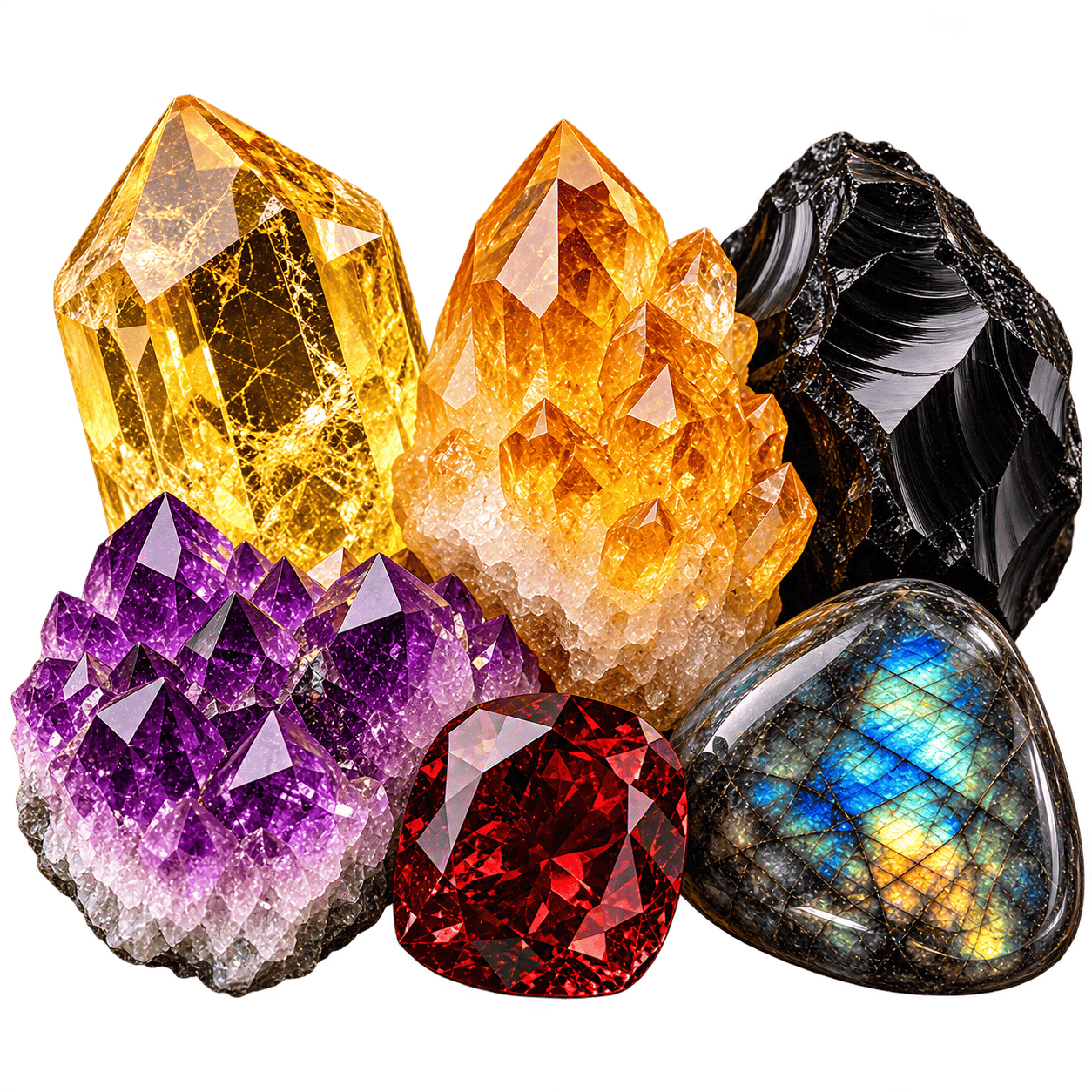 Scorpio crystals including citrine, obsidian, amethyst, garnet and labradorite