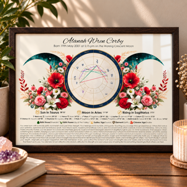 Taurus birth chart with triple moon, zodiac birth flowers and traits